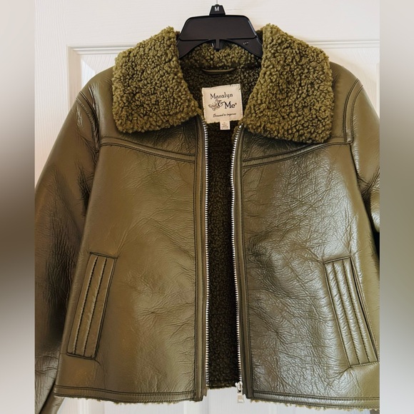 Maralyn & Me Jackets & Blazers - Maralyn & Me Olive Leather Jacket with Shearling Collar